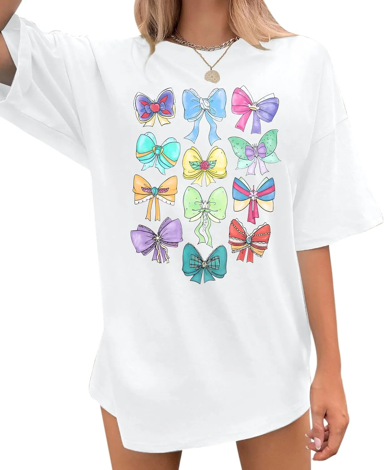 MNLYBABY Magical Princess Bow Shirt Women Oversized Magic Kingdom Princess Shirt Cute Ribbons and Bows Family Holiday Tee Top