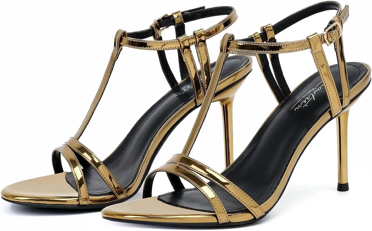 Mostrin Strappy Heels for Women Round Open Toe Lace Up Heeled Sandals Ankle T Strap Stiletto High Heels Dress Shoes
