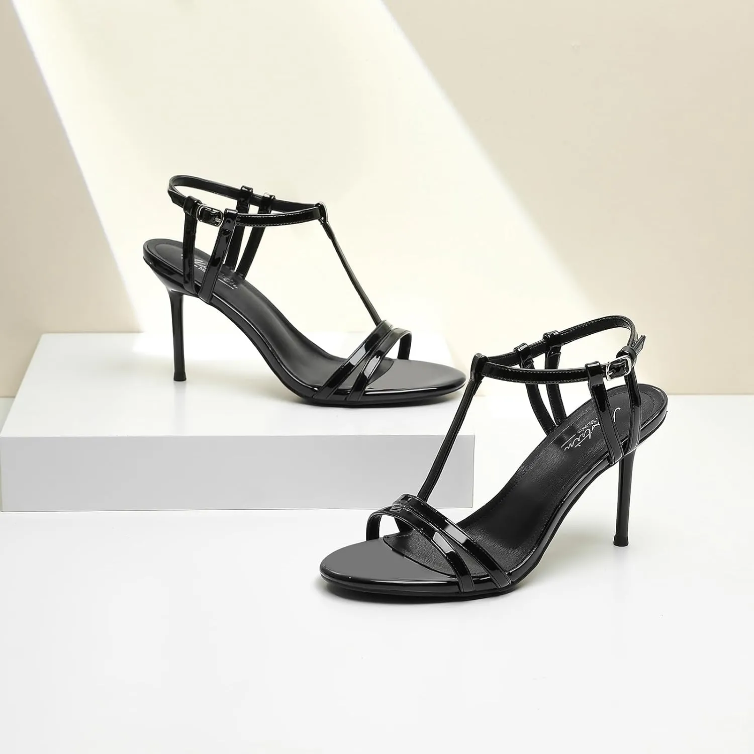 Mostrin Strappy Heels for Women Round Open Toe Lace Up Heeled Sandals Ankle T Strap Stiletto High Heels Dress Shoes