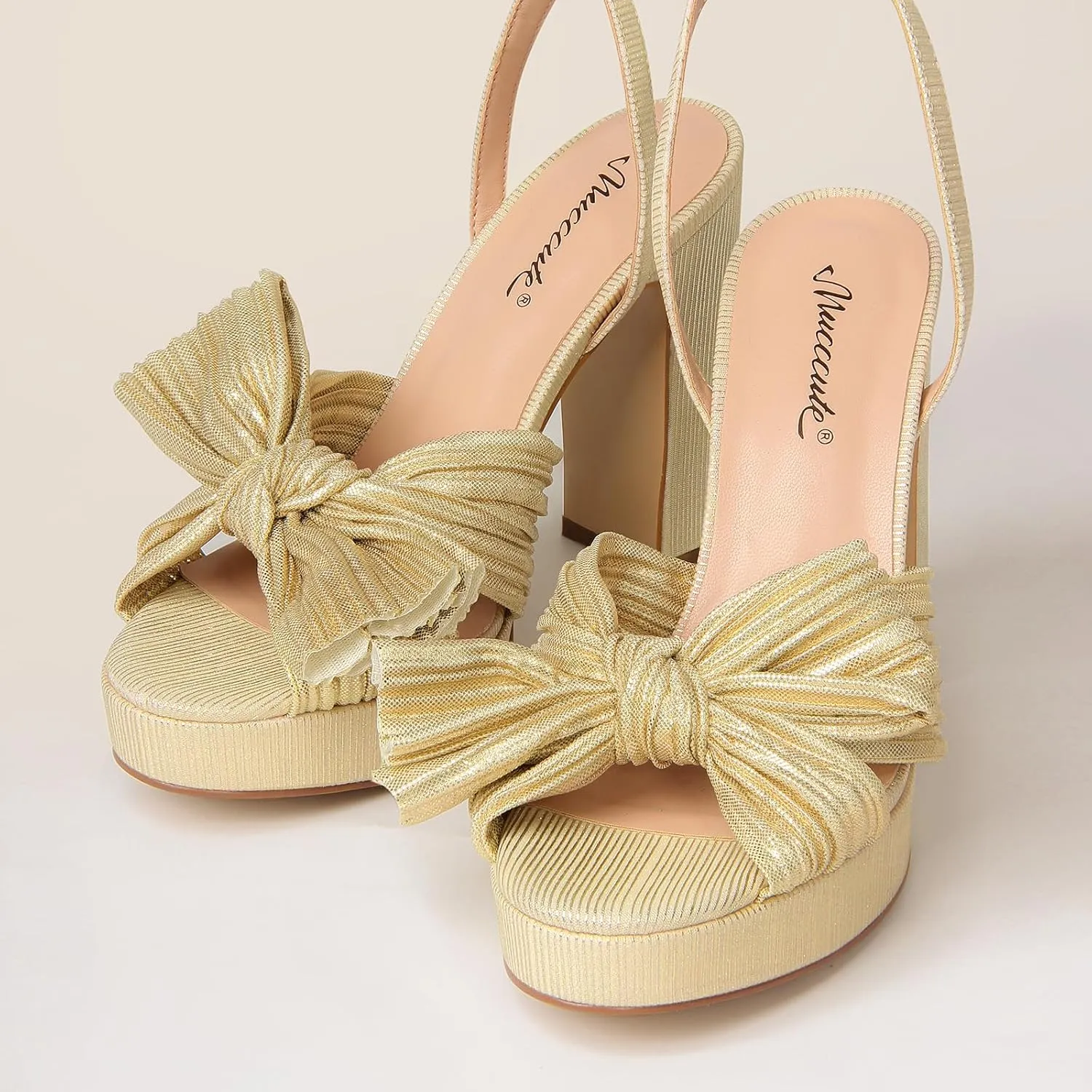 MUCCCUTE Bow Heels for Women Chunky Platform Heels with Ankle Strap Open Toe Heeled Sandals Bridal Wedding Dressy Shoes