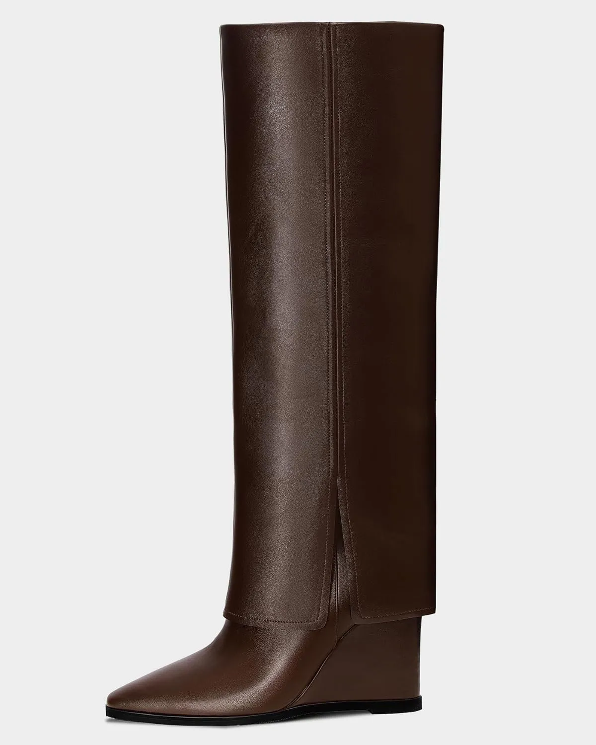 MUCCCUTE Fold Over Boots for Women - Knee High Pointed Toe Wedge Tall Boots with Full Side Zipper PU Long Boot