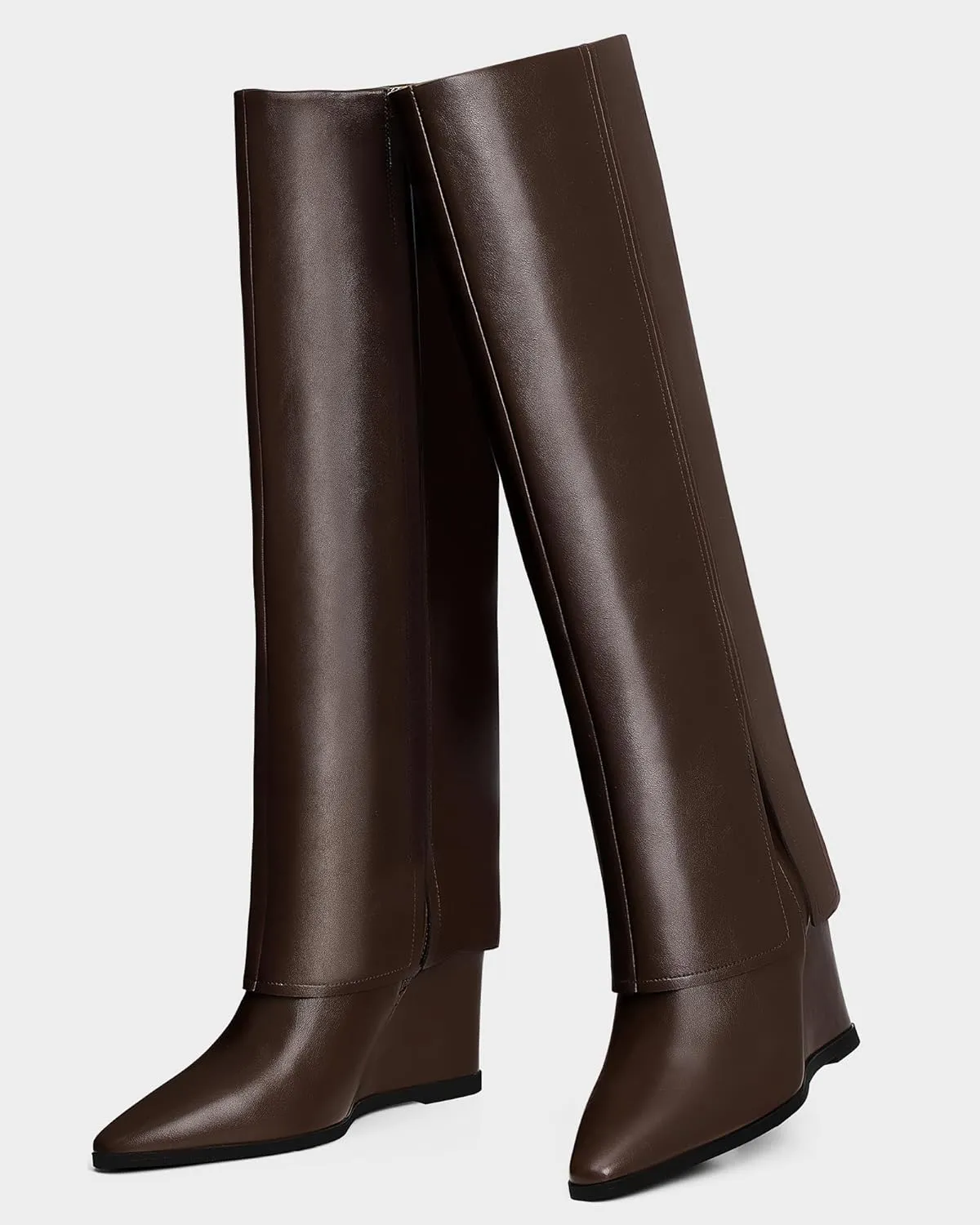 MUCCCUTE Fold Over Boots for Women - Knee High Pointed Toe Wedge Tall Boots with Full Side Zipper PU Long Boot