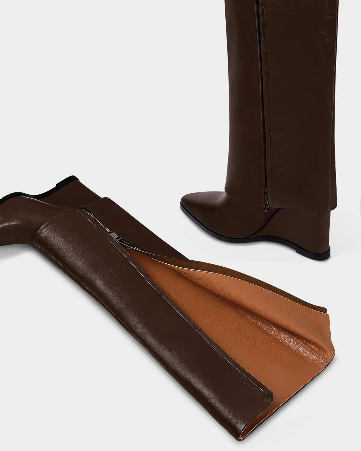 MUCCCUTE Fold Over Boots for Women - Knee High Pointed Toe Wedge Tall Boots with Full Side Zipper PU Long Boot
