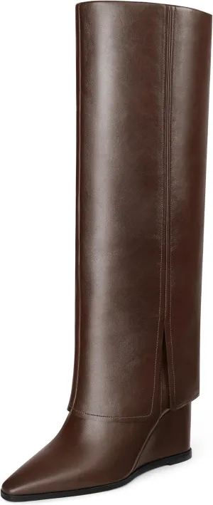MUCCCUTE Fold Over Boots for Women - Knee High Pointed Toe Wedge Tall Boots with Full Side Zipper PU Long Boot