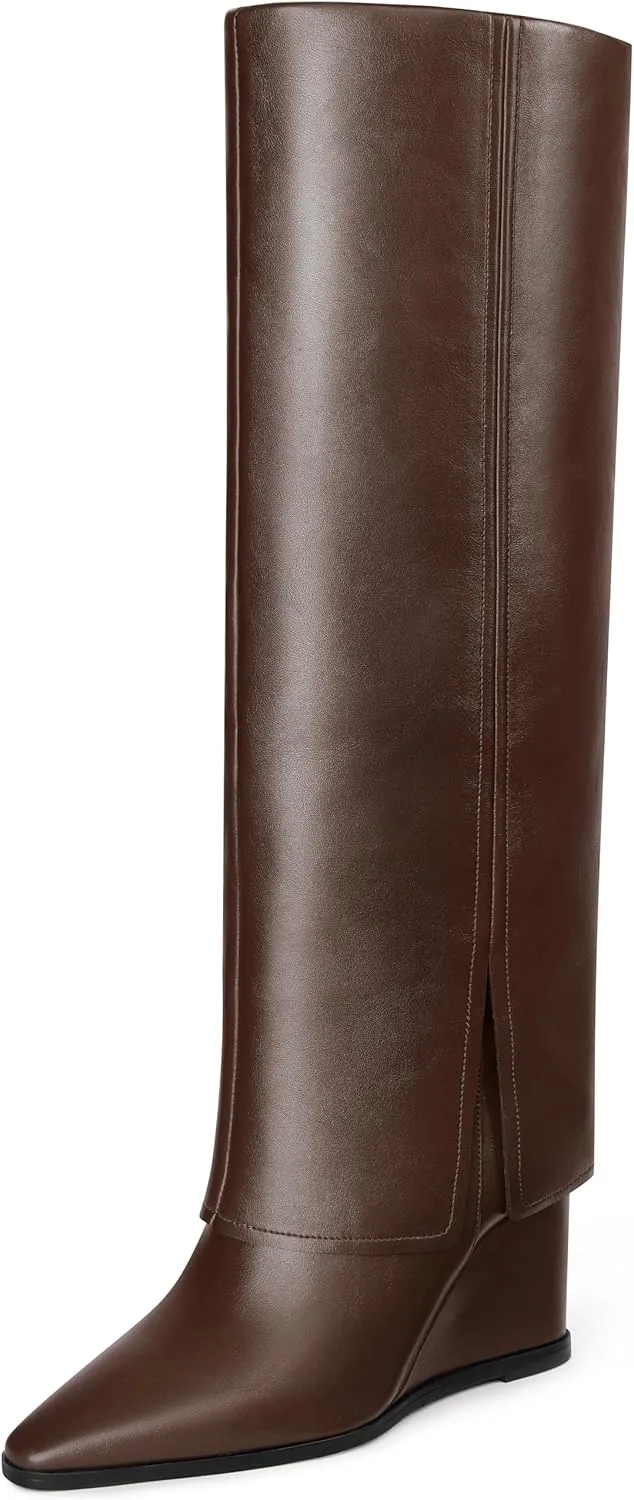 MUCCCUTE Fold Over Boots for Women - Knee High Pointed Toe Wedge Tall Boots with Full Side Zipper PU Long Boot