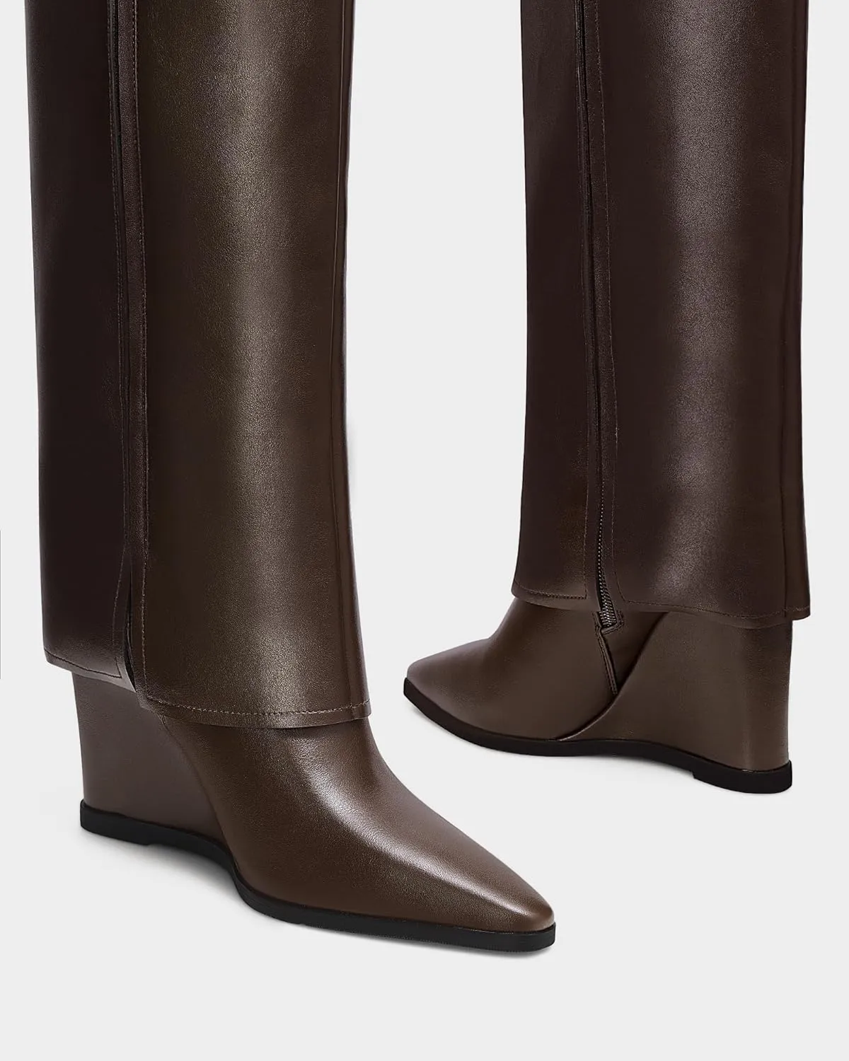 MUCCCUTE Fold Over Boots for Women - Knee High Pointed Toe Wedge Tall Boots with Full Side Zipper PU Long Boot