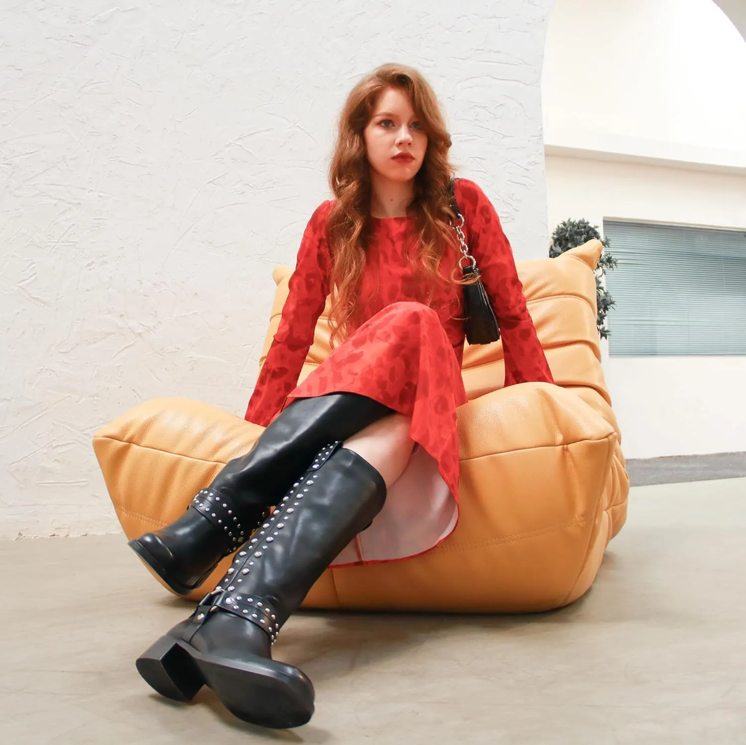 MUCCCUTE Knee High Boots Women Square Toe Riding Boots Low Chunky Heel Tall Moto Boots Trendy Pull On Buckle Motorcycle Boots