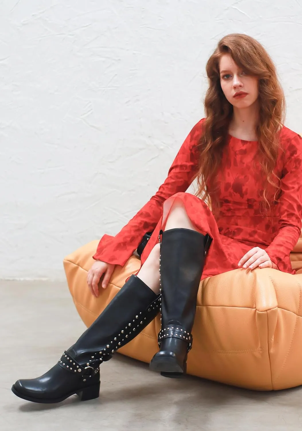 MUCCCUTE Knee High Boots Women Square Toe Riding Boots Low Chunky Heel Tall Moto Boots Trendy Pull On Buckle Motorcycle Boots