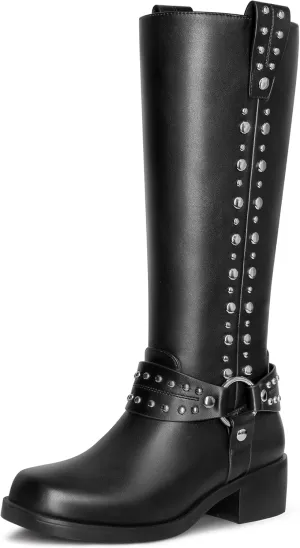MUCCCUTE Knee High Boots Women Square Toe Riding Boots Low Chunky Heel Tall Moto Boots Trendy Pull On Buckle Motorcycle Boots