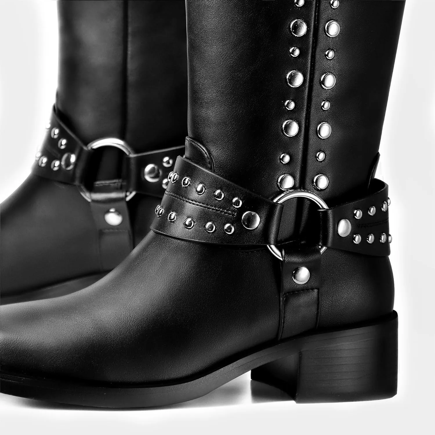 MUCCCUTE Knee High Boots Women Square Toe Riding Boots Low Chunky Heel Tall Moto Boots Trendy Pull On Buckle Motorcycle Boots