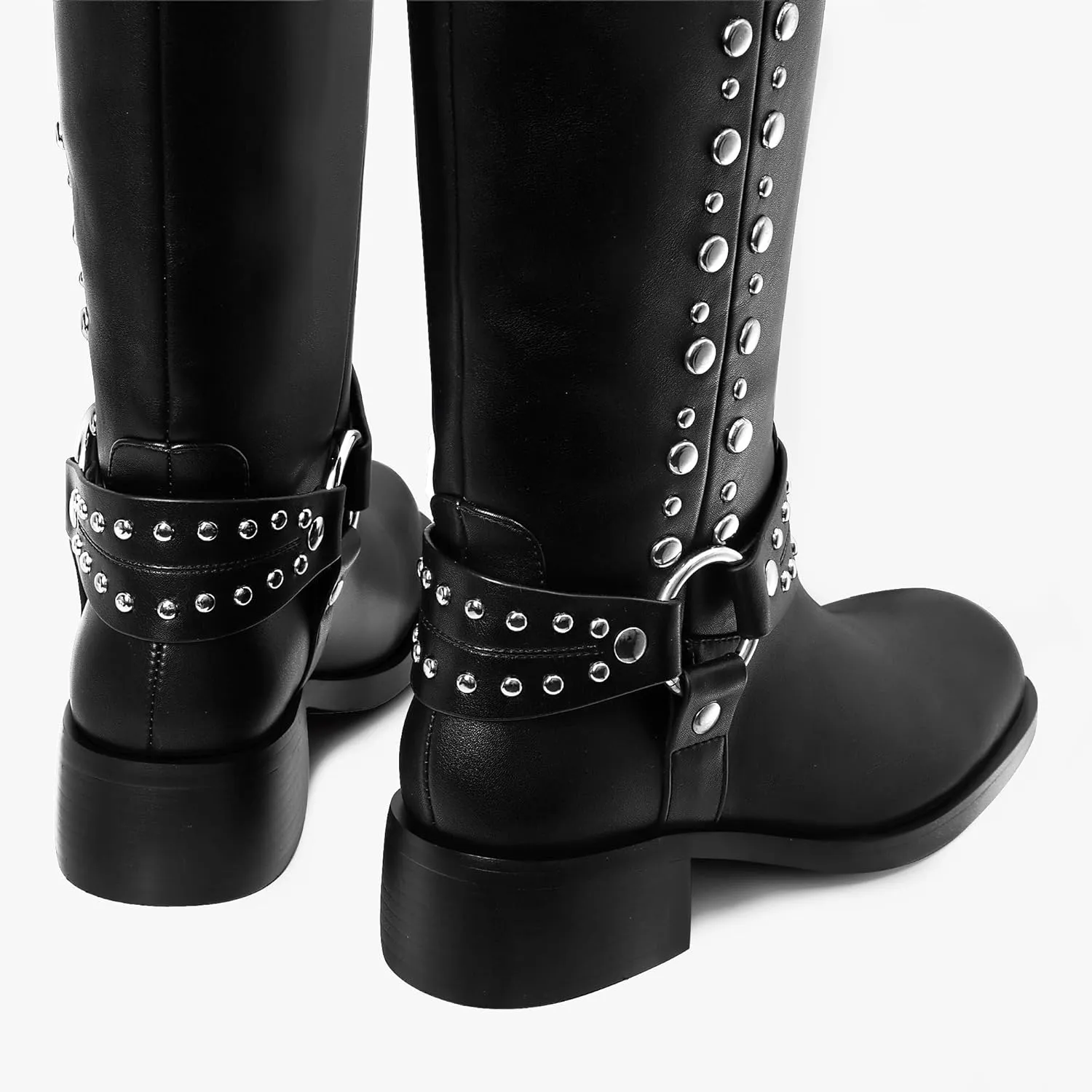MUCCCUTE Knee High Boots Women Square Toe Riding Boots Low Chunky Heel Tall Moto Boots Trendy Pull On Buckle Motorcycle Boots