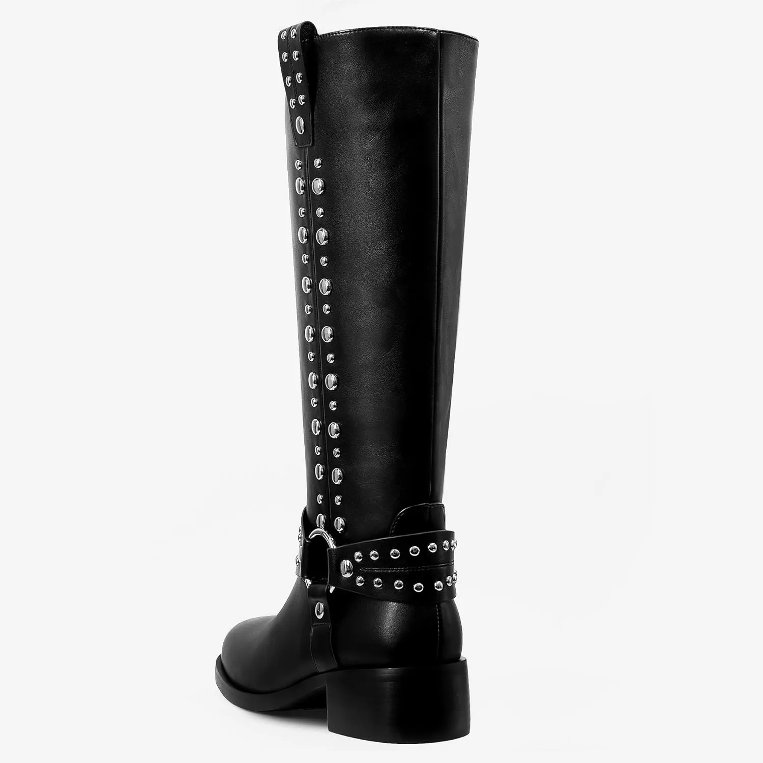 MUCCCUTE Knee High Boots Women Square Toe Riding Boots Low Chunky Heel Tall Moto Boots Trendy Pull On Buckle Motorcycle Boots