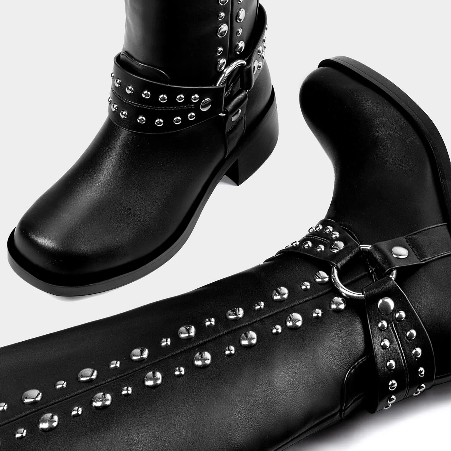MUCCCUTE Knee High Boots Women Square Toe Riding Boots Low Chunky Heel Tall Moto Boots Trendy Pull On Buckle Motorcycle Boots
