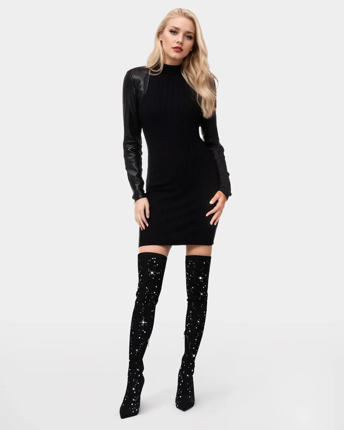 MUCCCUTE Thigh High Suede Boots for Women - Over The Knee Rhinestone Boots Pointed Toe Stiletto High Heel Side Zipper Tall Boots