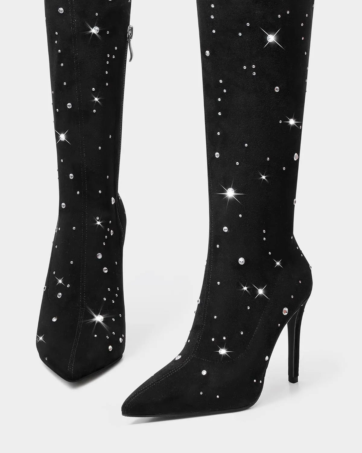 MUCCCUTE Thigh High Suede Boots for Women - Over The Knee Rhinestone Boots Pointed Toe Stiletto High Heel Side Zipper Tall Boots
