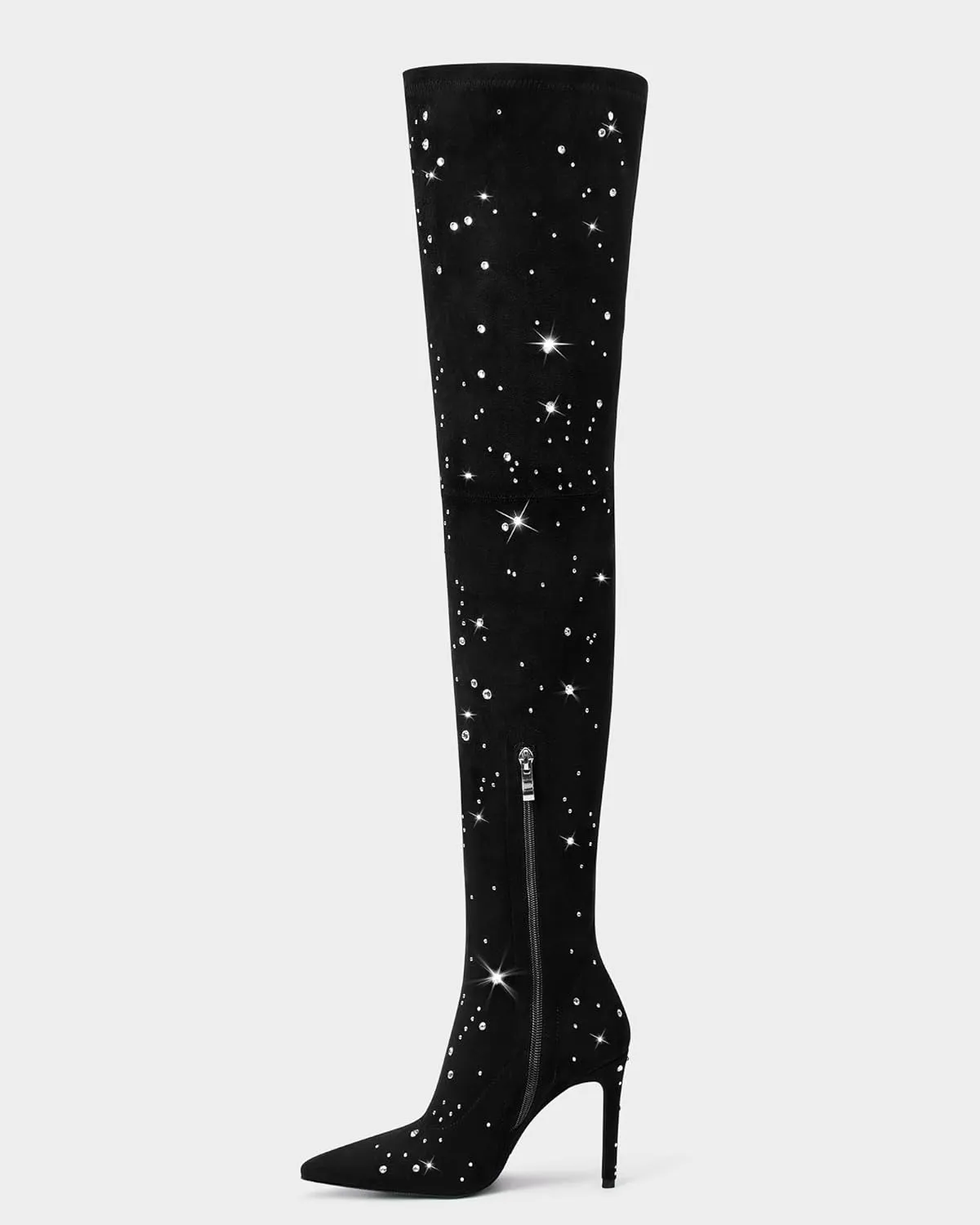 MUCCCUTE Thigh High Suede Boots for Women - Over The Knee Rhinestone Boots Pointed Toe Stiletto High Heel Side Zipper Tall Boots