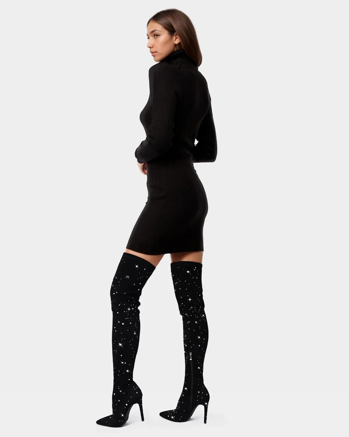 MUCCCUTE Thigh High Suede Boots for Women - Over The Knee Rhinestone Boots Pointed Toe Stiletto High Heel Side Zipper Tall Boots