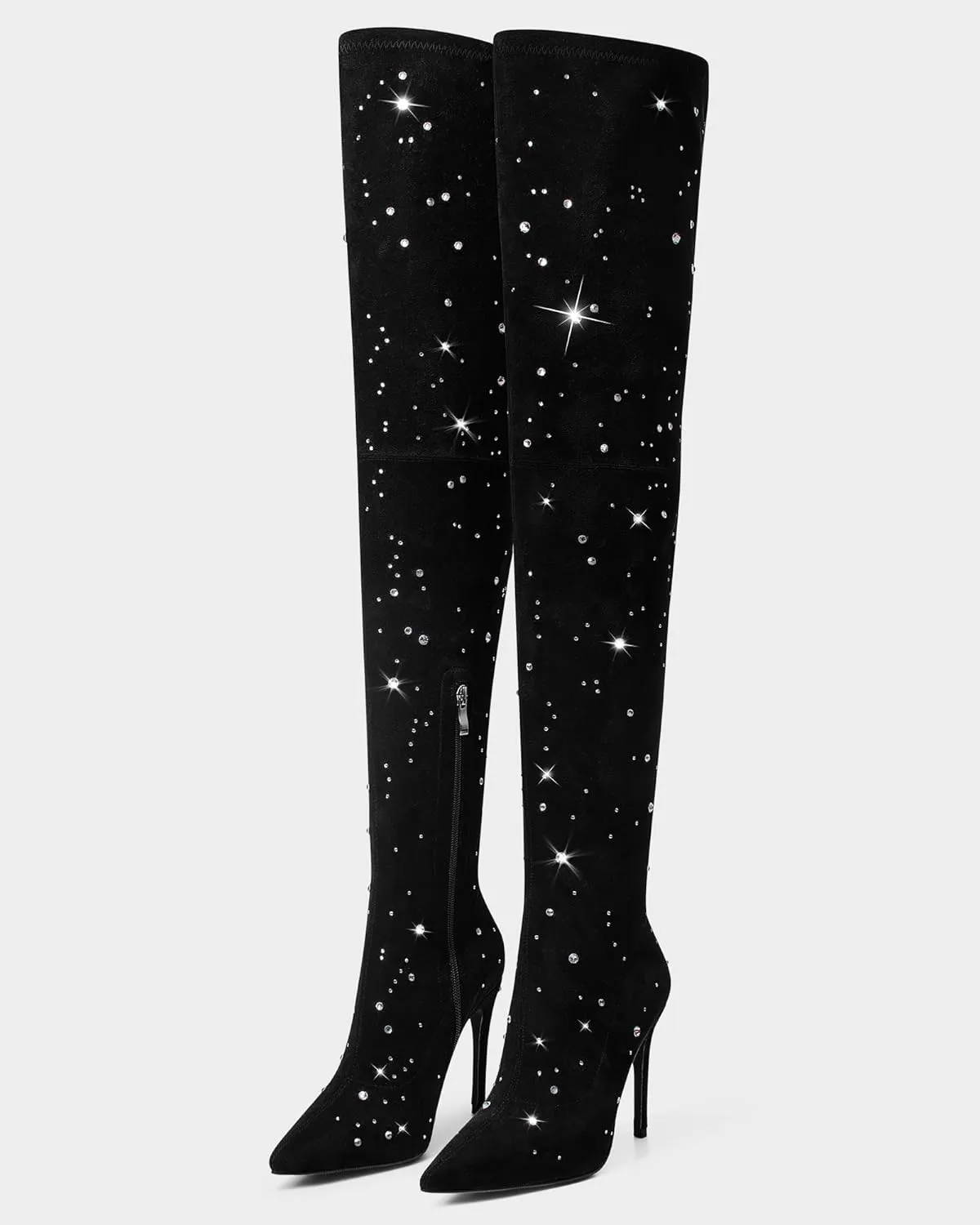 MUCCCUTE Thigh High Suede Boots for Women - Over The Knee Rhinestone Boots Pointed Toe Stiletto High Heel Side Zipper Tall Boots