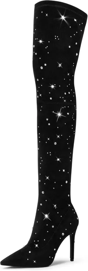 MUCCCUTE Thigh High Suede Boots for Women - Over The Knee Rhinestone Boots Pointed Toe Stiletto High Heel Side Zipper Tall Boots