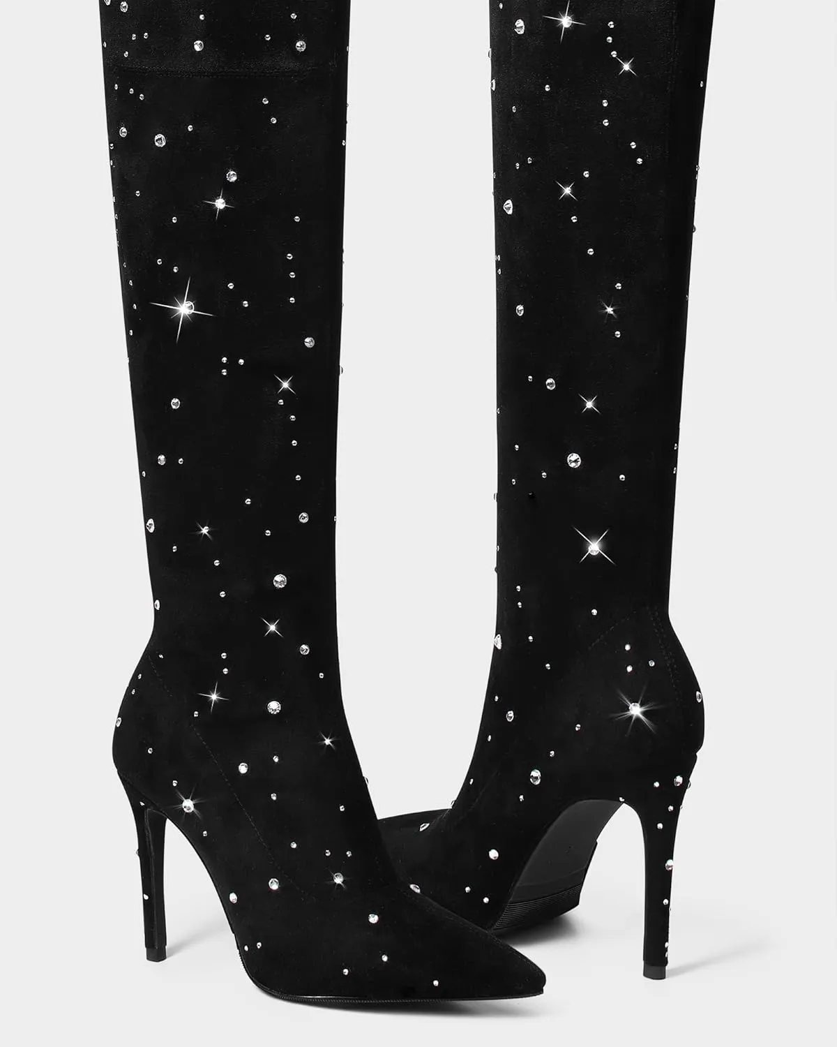 MUCCCUTE Thigh High Suede Boots for Women - Over The Knee Rhinestone Boots Pointed Toe Stiletto High Heel Side Zipper Tall Boots