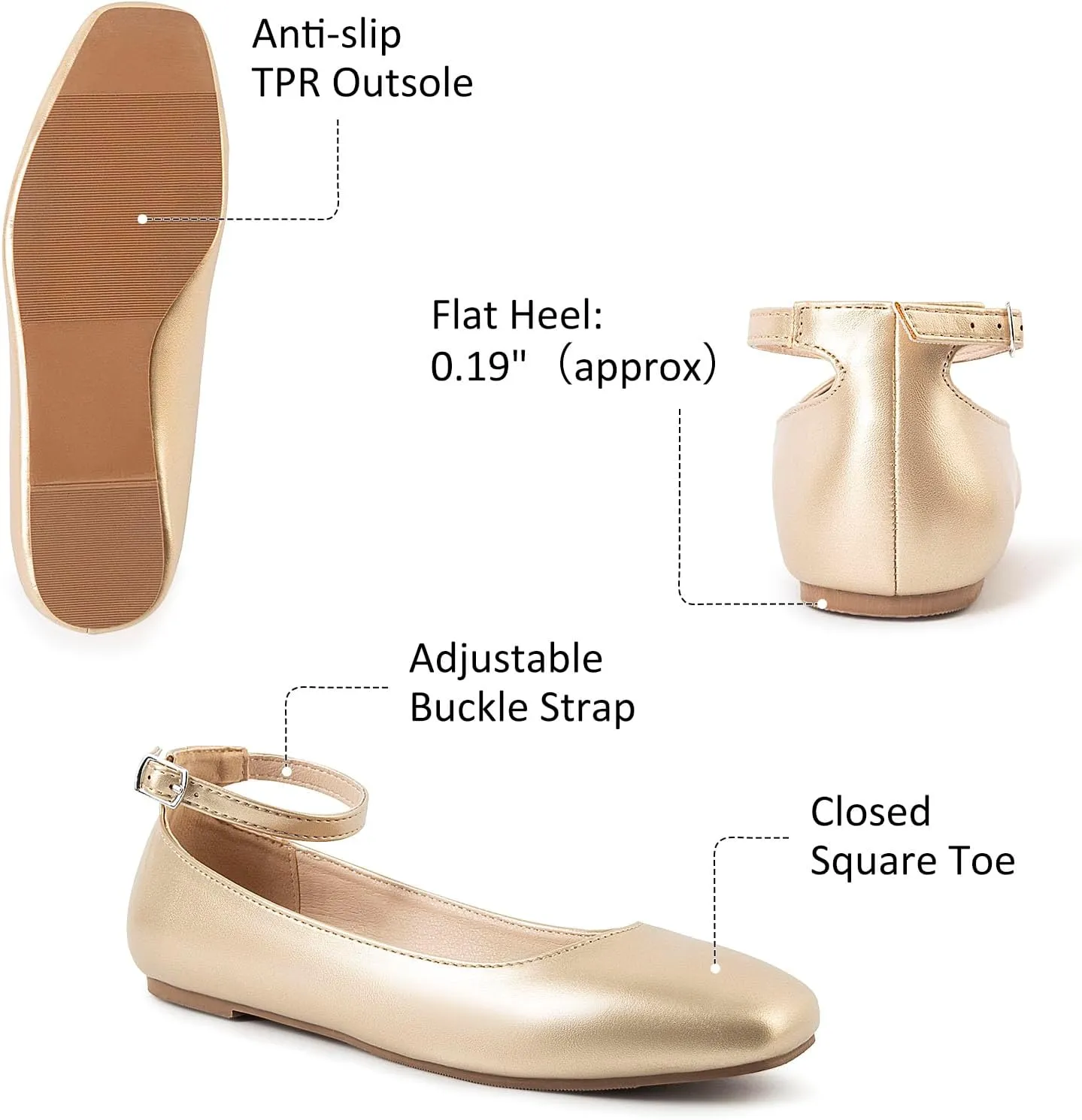 MUSSHOE Women's Ballet Flats Mary Jane Shoes, Square Toe Ballet Flats Shoes, Women's Ankle Strap Flats Shoes, Flats for Women Dressy with Adjustable Buckle