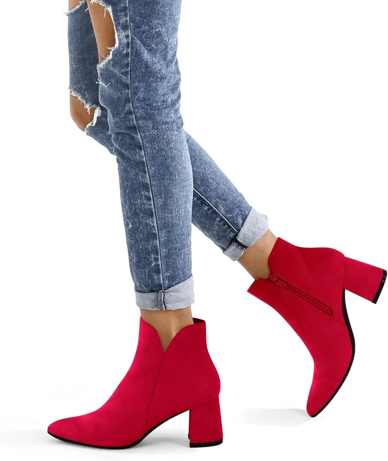 mysoft Women's Ankle Boots Chunky Block Low Heel Comfortable Pointed Toe Side V Cutout Dressy Office Booties with Zipper