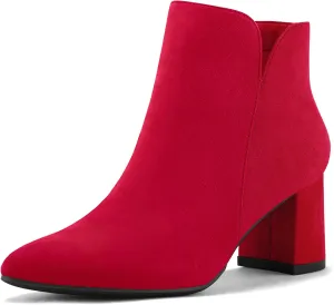 mysoft Women's Ankle Boots Chunky Block Low Heel Comfortable Pointed Toe Side V Cutout Dressy Office Booties with Zipper