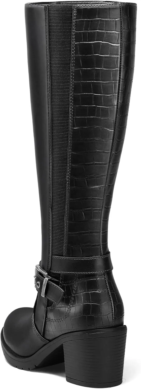 mysoft Women's Knee High Boots Chunky Block Heels with Side Zipper and Stretchy Elastic Panels