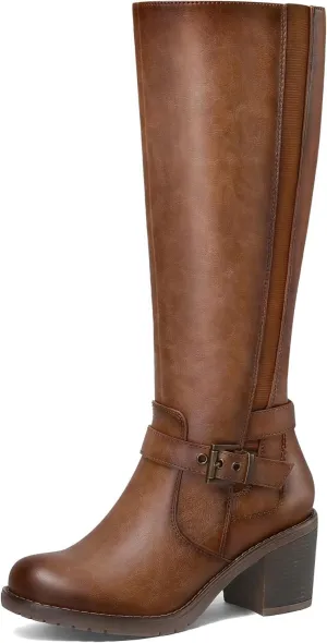 mysoft Women's Knee High Boots Chunky Block Heels with Side Zipper and Stretchy Elastic Panels
