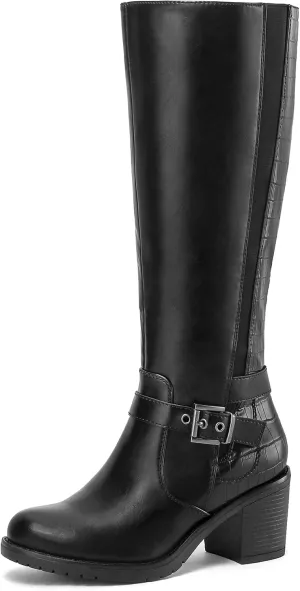 mysoft Women's Knee High Boots Chunky Block Heels with Side Zipper and Stretchy Elastic Panels