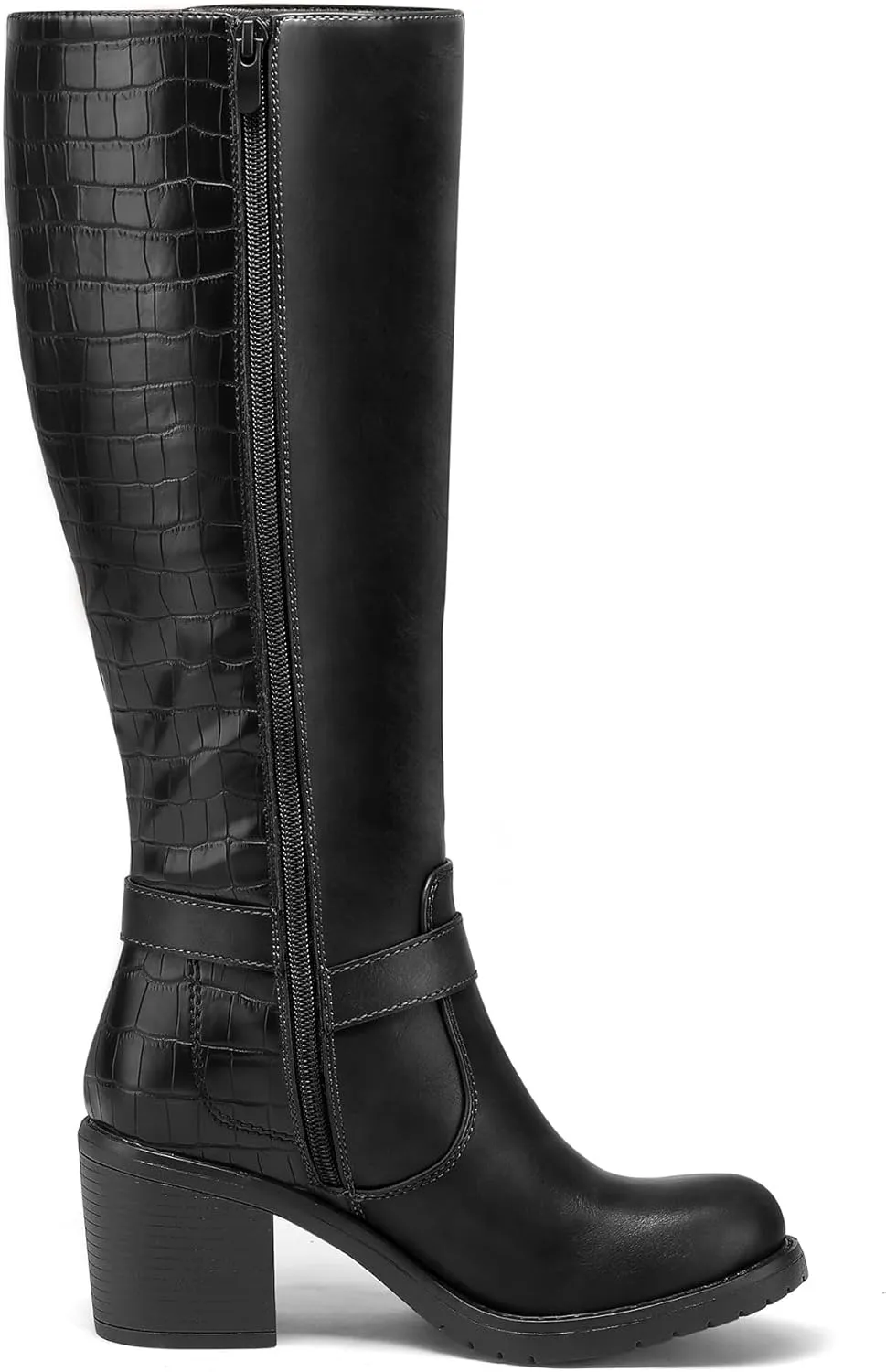 mysoft Women's Knee High Boots Chunky Block Heels with Side Zipper and Stretchy Elastic Panels