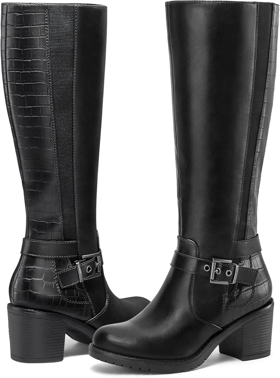 mysoft Women's Knee High Boots Chunky Block Heels with Side Zipper and Stretchy Elastic Panels