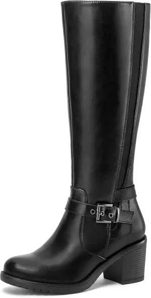 mysoft Women's Knee High Boots Chunky Block Heels with Side Zipper and Stretchy Elastic Panels