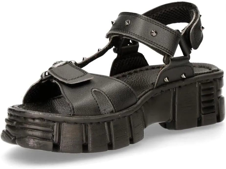 New Rock Boots BIOS120-V1 Unisex Metallic Black Vegan Leather Sandal Punk Rock