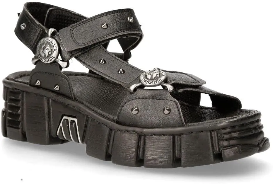 New Rock Boots BIOS120-V1 Unisex Metallic Black Vegan Leather Sandal Punk Rock