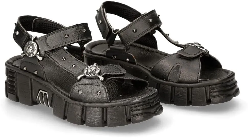 New Rock Boots BIOS120-V1 Unisex Metallic Black Vegan Leather Sandal Punk Rock