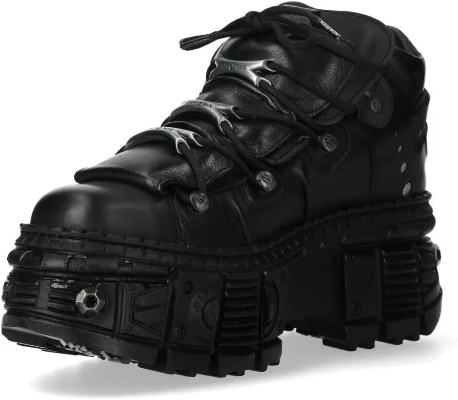 New Rock Boots WALL106-S25 Unisex Metallic Black Leather Platform Gothic Boots