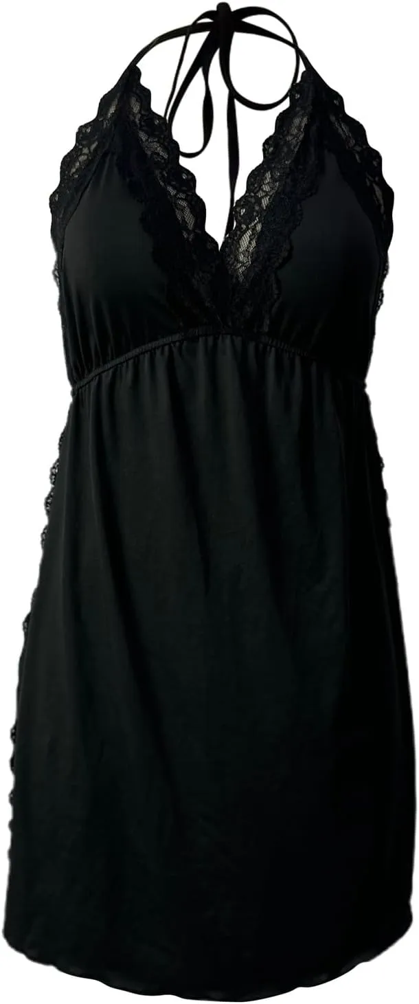 Night Gowns Women's Chic-Me Lace Trim Side Slit Modal Cami Sleep Dress Loungewear Bowknot Decor Sleep Cami Spaghetti