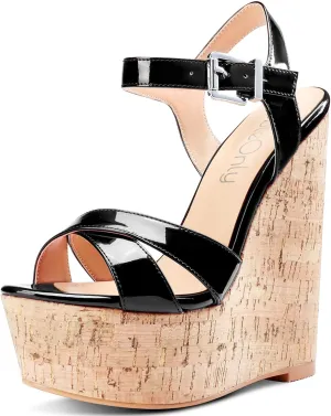 NobleOnly Women's Wedge High Heels Platform Ankle Strap Sandals Open Toe Slingback Basic Office Sandal 6" Heel Shoes