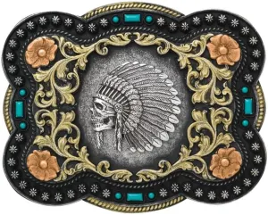 Nocona Men's Indian Chief Skull Antique Silver Buckle Silver