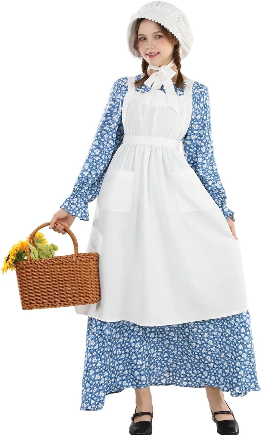 Nuoqi Pioneer Dress Women Prairie Dress with Bonnet Adult Long Colonial Costume