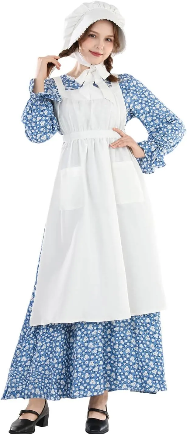Nuoqi Pioneer Dress Women Prairie Dress with Bonnet Adult Long Colonial Costume