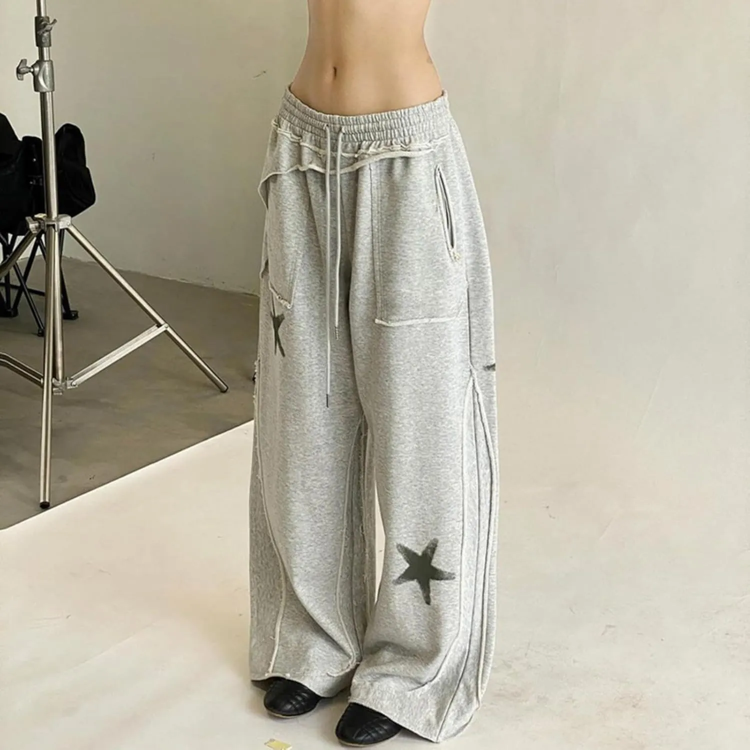 OCUH Star Pants Y2k Sweatpants Drawstring Elastic Waist Baggy Loose Straight Leg Trousers Casual Streetwear