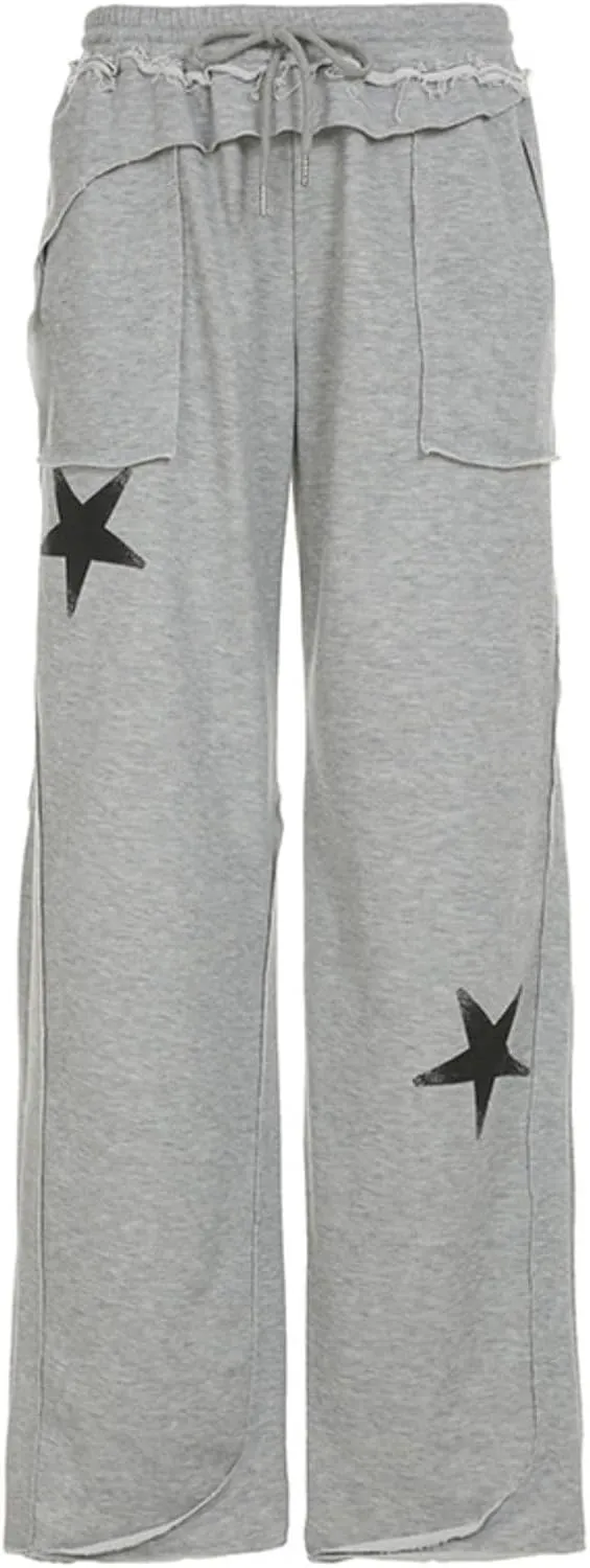 OCUH Star Pants Y2k Sweatpants Drawstring Elastic Waist Baggy Loose Straight Leg Trousers Casual Streetwear