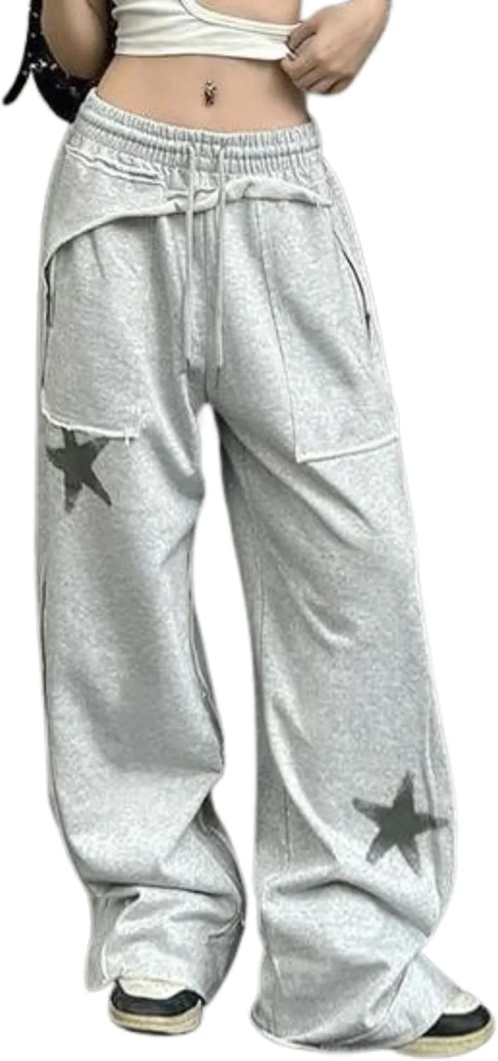 OCUH Star Pants Y2k Sweatpants Drawstring Elastic Waist Baggy Loose Straight Leg Trousers Casual Streetwear
