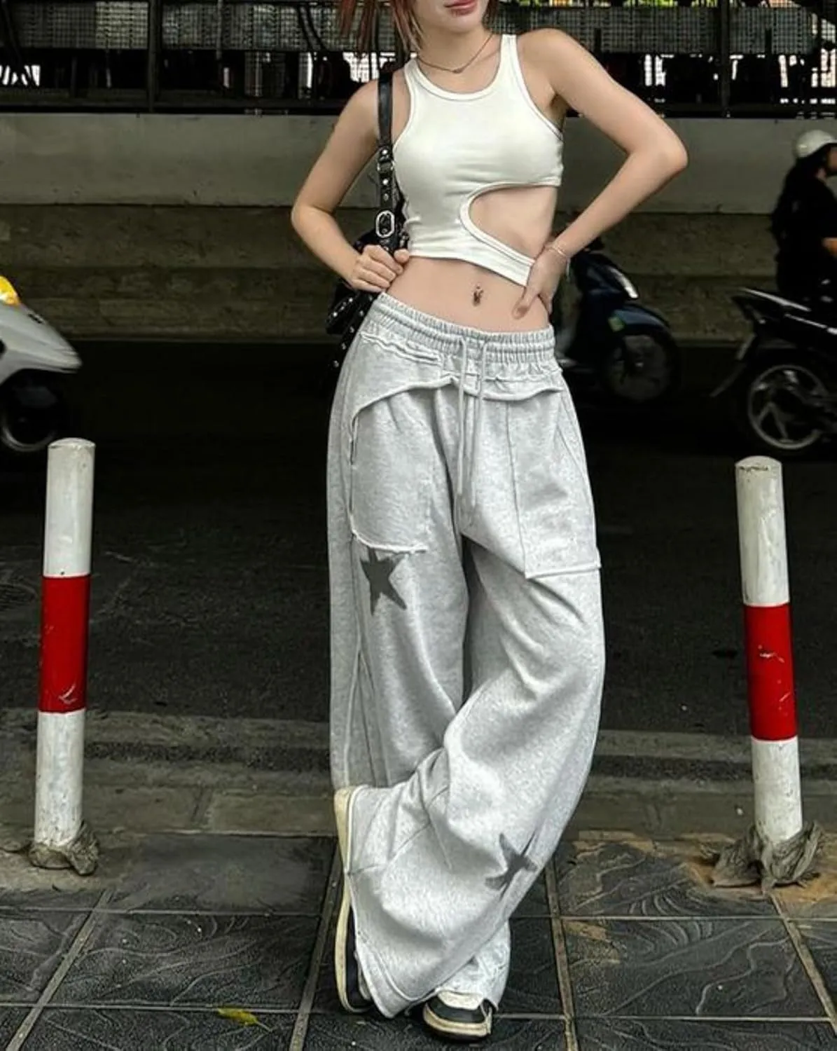 OCUH Star Pants Y2k Sweatpants Drawstring Elastic Waist Baggy Loose Straight Leg Trousers Casual Streetwear