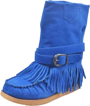 oiangi Tassel Boots for Women Fashion Suede Winter Round Toe Strap buckle Vintage Fringe Mid-Calf boots Comfortable casual Ladies Outdoor Flat Shoes