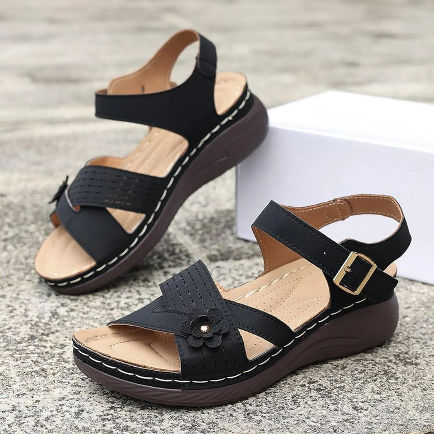 Orthopedic Wide Sandals for Women 2025,Strappy Arch Support Flat Wedge Sandals Walking Sandals Women Open Toe & Ankle Strap Comfortable Platform Slip-On Shoe for Summer Beach, Casual