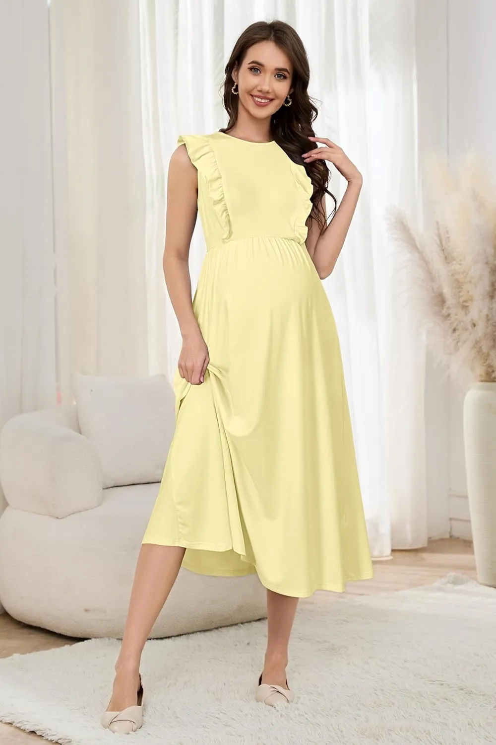 OUGES Womens 2025 Spring Hidden Zipper Nurisng Dress for Breastfeeding Casual Sleeveless Ruffled Midi Maternity Dress