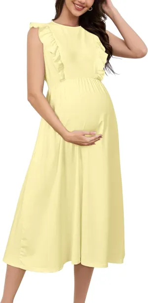 OUGES Womens 2025 Spring Hidden Zipper Nurisng Dress for Breastfeeding Casual Sleeveless Ruffled Midi Maternity Dress